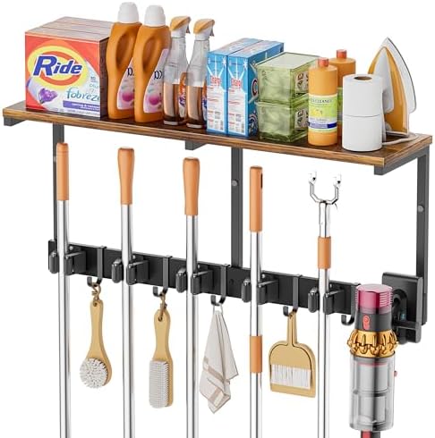 Amazon.com: Broom Holder Wall Mount with Cleaning Supplies Organizer ...