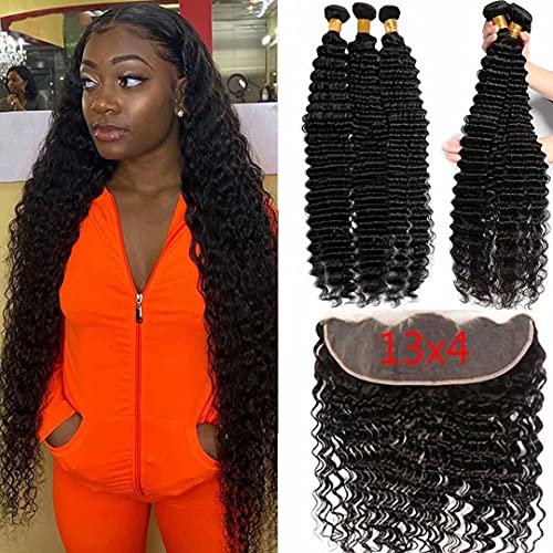 Deep Wave Bundles with Frontal Brazilian Deep Curly Hair Bundles with Frontal Virgin Hair Unprocessed Ear to Ear Lace Frontal with Bundles Human Hair Extensions Natural Color(12 14 16+12)