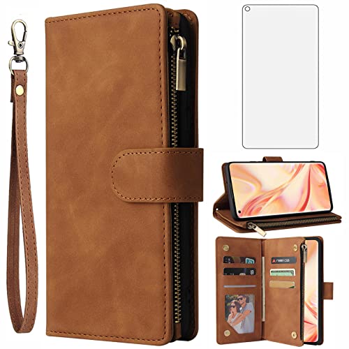 Asuwish Handyhülle für Oppo Find X2 Pro Hülle mit Folie Schutzfolie & Kartenfach Klappbar Leder Geldbörse Ständer Reißverschluss X2Pro Panzerfolie Wallet Handy Hüllen Schutzhülle Phone Hülle Braun