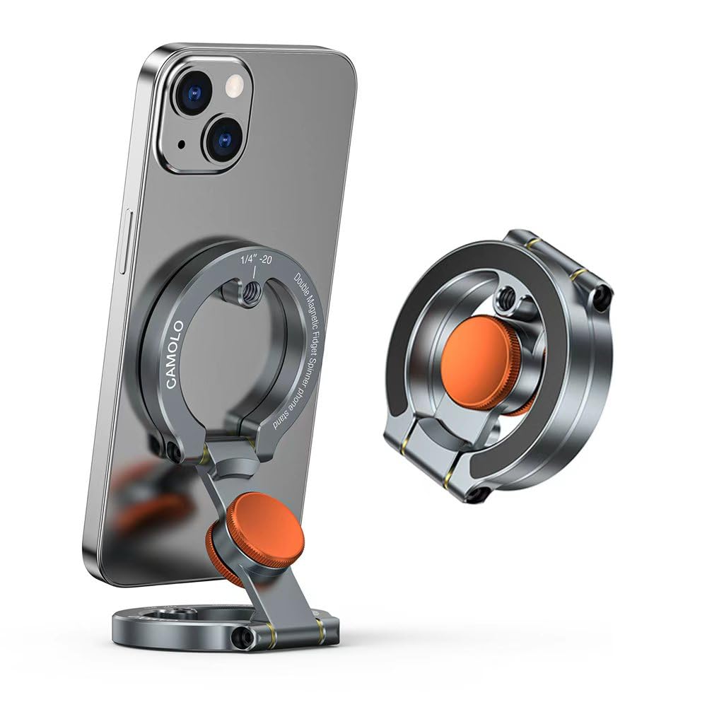 Supporto magnetico per telefono con fidget spinner, supporto a doppio anello laterale, si attacca a qualsiasi superficie di ferro, foro per vite da 1/4", compatibile con iPhone 17/16/15/14/13/12 Pro
