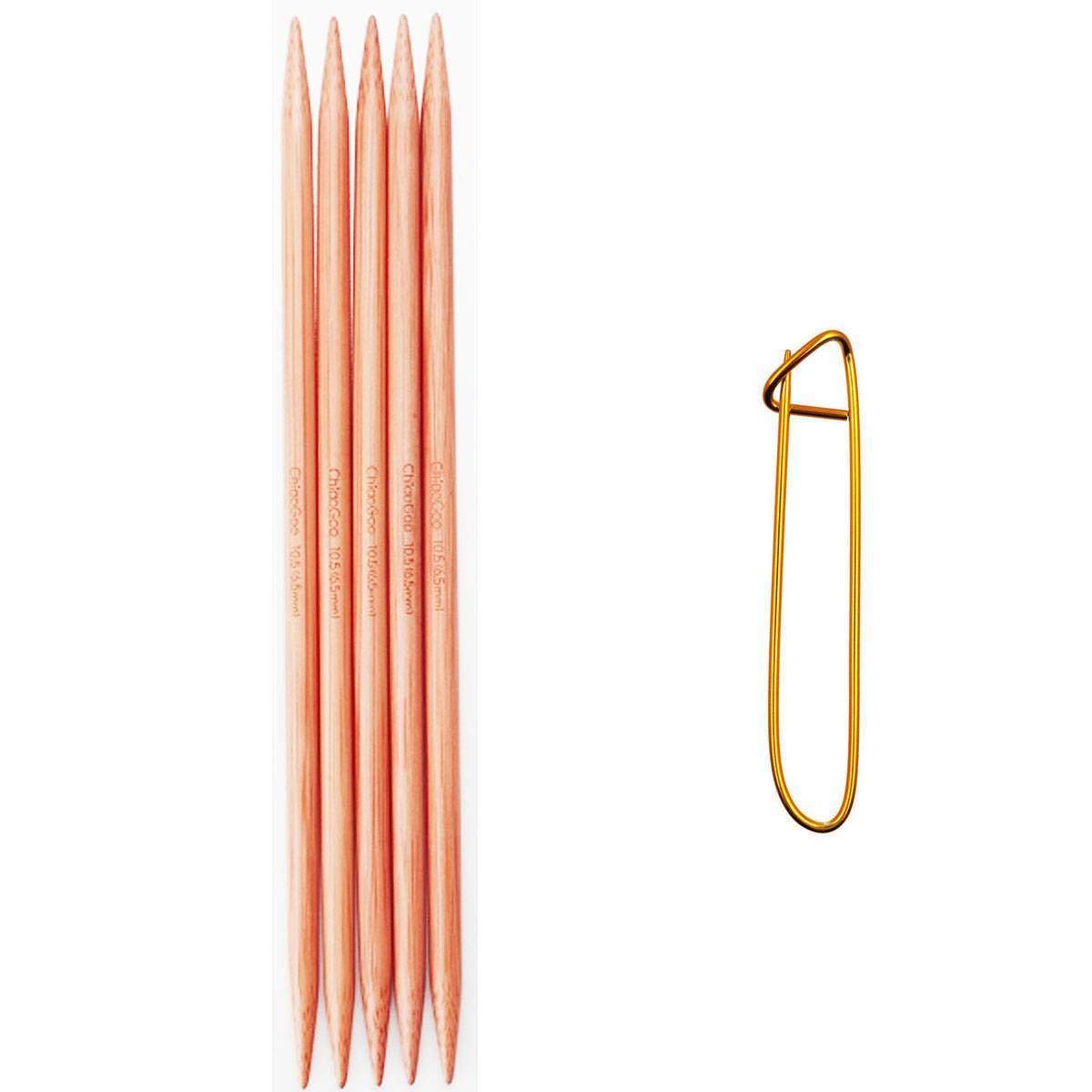 ChiaoGoo DPN Stricknadeln mit Doppelspitze, Bambus, dunkle Patina, Größe US 10 (6 mm), 1037-10, mit Maschenhalter, 5 Stück