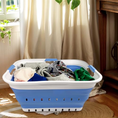 Image of SAMMART 42L (11 gallon) Collapsible Plastic Laundry Basket - Foldable Pop Up Storage Container /Organizer - Space Saving Hamper /Basket (1, White /Little Boy Blue)