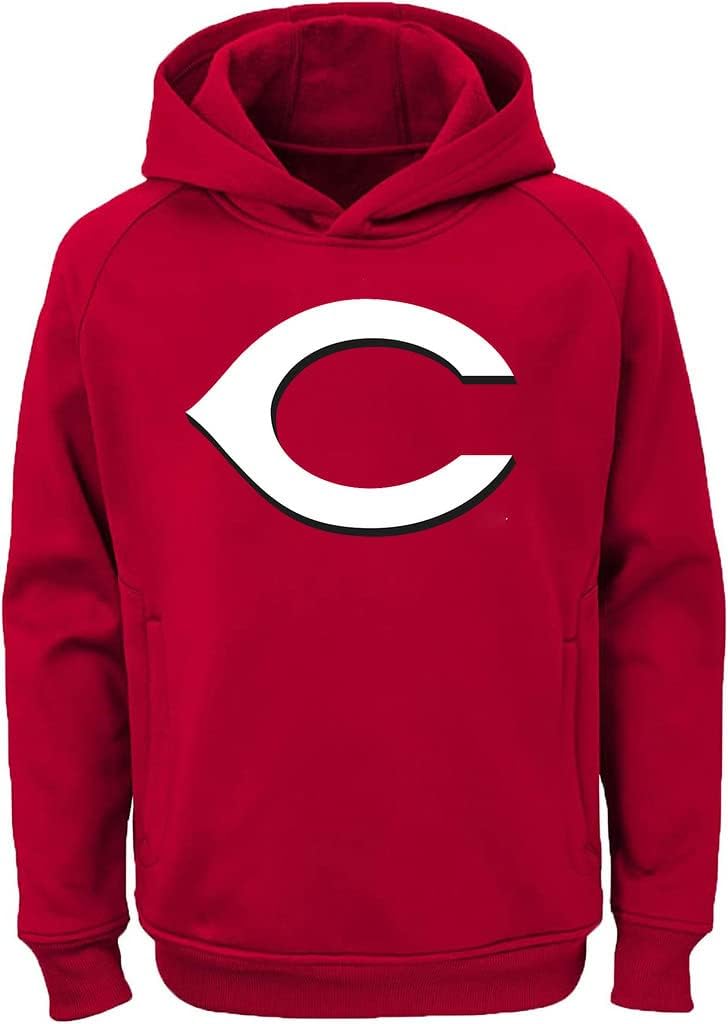 Outerstuff MLB Youth 8-20 Team Color Polyester Performance Primary Logo Pullover Sweatshirt Hoodie (10-12, Cincinnati Reds Red)