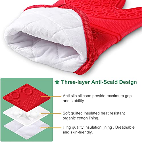 Quwin Oven Mitts Set, Heat Resistant With Mini Oven Gloves And Hot Pads Potholders, Non-Slip Food Grade Long Oven Mitts For Kitchen Baking Cooking (6-Piece Set- Red) #TOP1