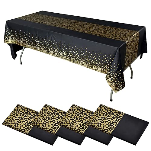 DAWRIS 4 Piezas Mantel Desecheble Fiesta Oro Negro Mantel Rectangular Dorado Cubierta de Mesa para Banquetes Graduación Cumpleaños Cóctel Aniversario Compromiso,137 cm x 274 cm