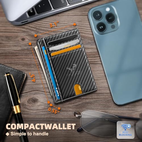 Image of Contacts Genuine Leather Slim Wallet | RFID Blocking Skinny Minimal Thin Front Pocket Wallet Sleeve Card Holder for Men | Up to 7 Card Slots Including 1 ID Window (Carbon Black)