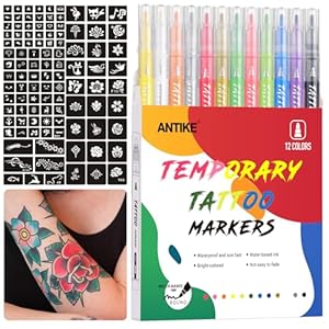 Temporary Tattoo Markers for Skin,12 Colors Washable Body Tattoo Pens+104 Unique Tattoo Stencils,Body Markers Temporary Tattoo Kit for Teens and Adult ZYH2311001KIT