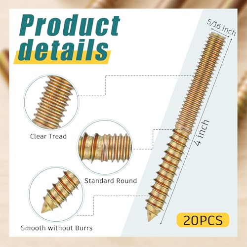 Image of Hicarer 20 Pack 5 /16-18 x 4 Inch Hanger Bolts Double Headed Bolts with Driver Self Tapping Screw Threaded Rod Screws for Furniture Double Headed for Wood Furniture Joint