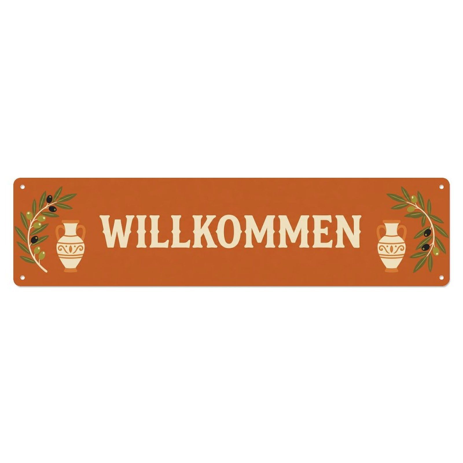 Terracotta Orange Mediterranean Villa Welcome Metal Tin Sign Plaque Wall Decor for Cafe, Club Bar, Office, Home Garden Metal Poster 4x16Inch