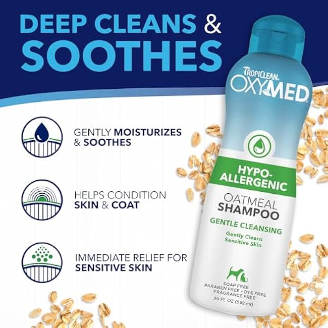 TropiClean OxyMed Hypoallergenic Dog Shampoo for Allergies and Itching, Skin Soothing Shampoo for Pets with Sensitive Skin, Tearless, Cat Safe, 20oz.-PIfWA5GA