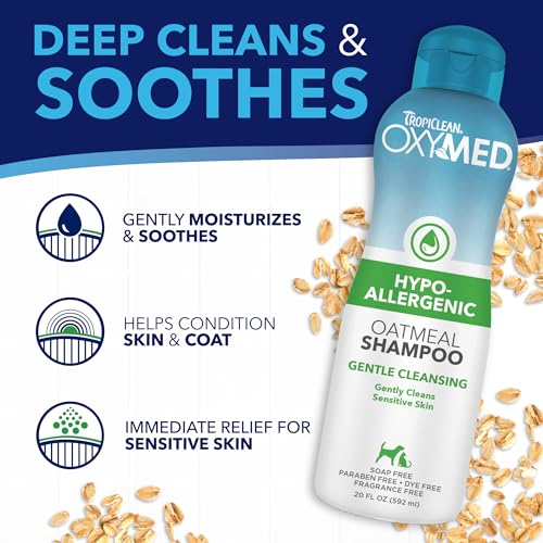 Image of TropiClean OxyMed Hypoallergenic Dog Shampoo for Allergies and Itching, Skin Soothing Shampoo for Pets with Sensitive Skin, Tearless, Cat Safe, 20oz.