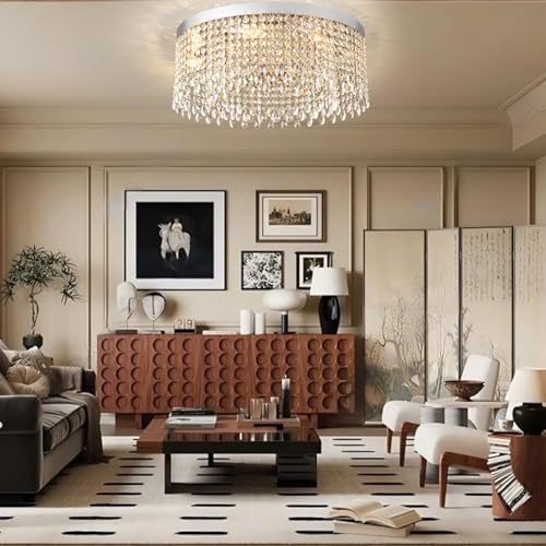 Axamate Modern Crystal Ceiling Light Chandelier 31.5in Raindrop Crystal Chandelier Large Flush Mount Light Fixtures for Living Room Dining Room Bedroom Chrome by Axamate - Image 2