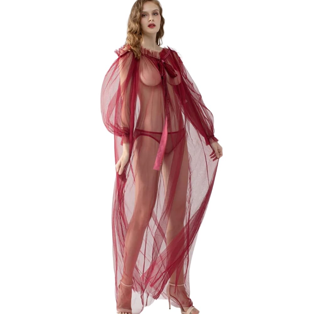 SINROYEE Sexy Sheer See-Through Long Lace Babydoll Lingerie for Women Bridal Robe