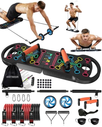 HOTWAVE Equipo de Ejercicio portátil con 16 Accesorios de Gimnasio. Tabla de Ejercicios 20 en 1, Bandas de Resistencia con Rodillo Abdominal, Entrenamiento de Cuerpo Completo en casa HOTWAVE Equipo de Ejercicio portátil con 16 Accesorios de Gimnasio. Tabla de Ejercicios 20 en 1, Bandas de Resistencia con Rodillo Abdominal, Entrenamiento de Cuerpo Completo en casa