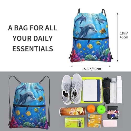 Colorful Underwater Dolphins Blue Gym Drawstring Bags Stylish String Bag Beach Backpack For Sport4