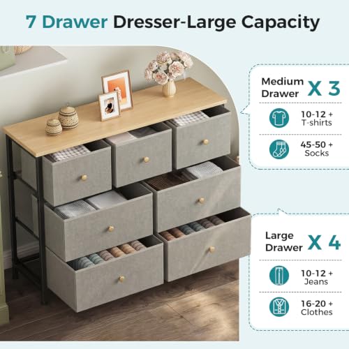 Image of OLIXIS 7 Drawer Dresser for Bedroom, Tall Fabric Storage Tower with Sturdy Steel Frame and Wooden Top, Large Dresser for Living Room Entryway with Easy Pull Fabric Bins,Dark Green