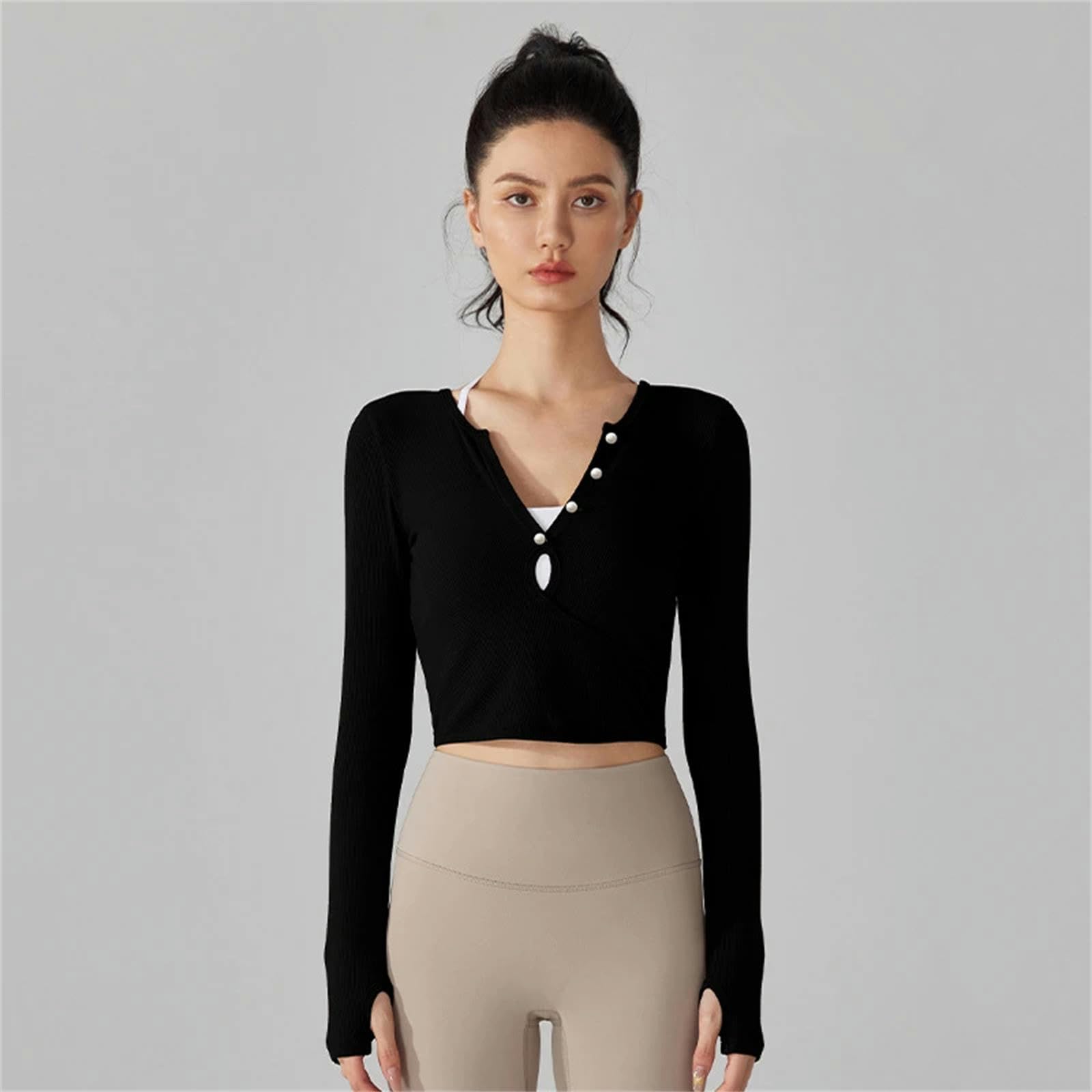Camiseta Mujer Mujeres Camisas Delgadas De Yoga Manga Larga Camisetas De Manga Larga Agujero En V Tops Blusa