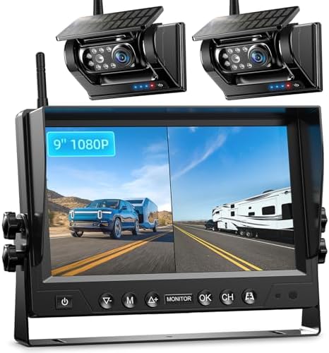 2 Magnetisch Solar Rückfahrkamera Kabellos 9'' 1080P Monitor | 1 Mins Installatio&n9600 mAh, IP69K Wasserdicht, kabellos, für Wohnmobil Rückfahrkameras für Anhänger, Wohnmobile und