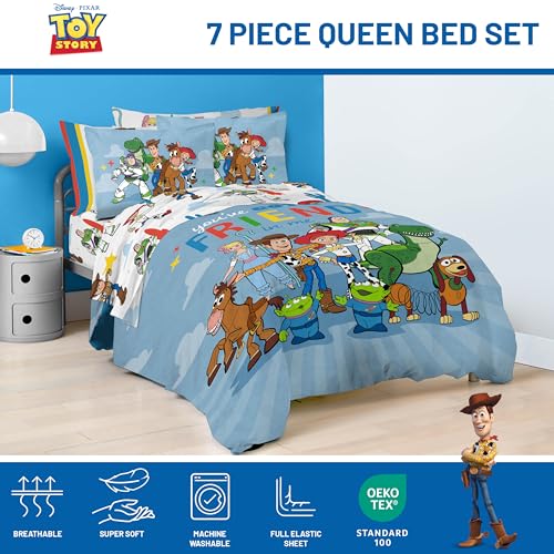 Image of Jay Franco Kids Comforter Set Includes Sheets and Pillow Cover - Soft and Cozy Bed Set for Stylish Room Decor, Blue - Toy Story, 7 Piece Queen