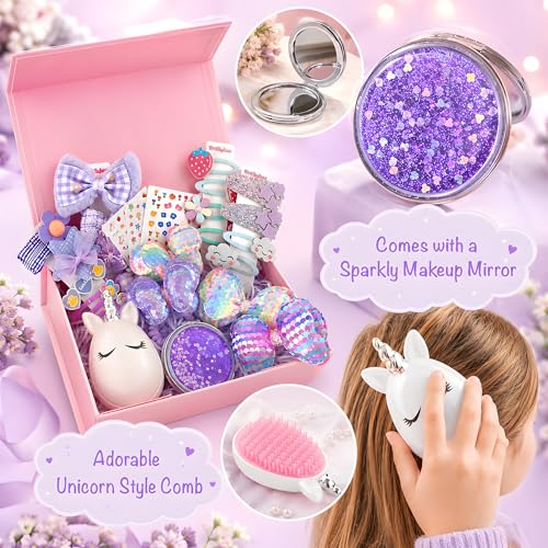 Kit de Accesorios para el Pelo para Niñas - Set de Accesorios para Niñas de 4 a 8 años, Clips de Pelo Morados, Horquillas, Ligas de Mariposa, Espejo y Peine de Unicornio miniatura 6