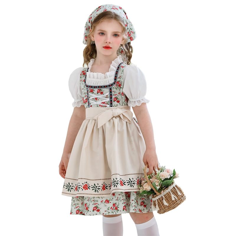 Boodtag Girls Bavarian Oktoberfest Lolita Maid Costume Set Chic Elegant Short Puff Sleeve Traditional Floral German Dirndl Dress with Apron Headscarf for 5-14 Years Red