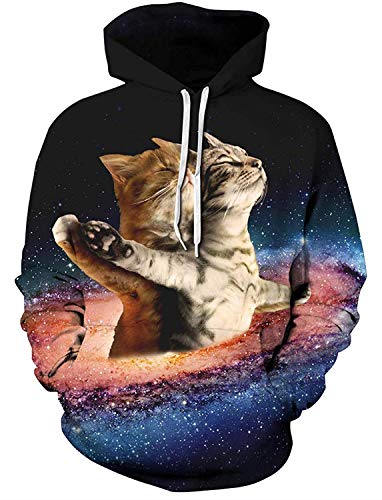 ALISISTER Hoodie Uomo Donna 3D Galassia Gatto Grafica Felpa con Cappuccio Divertente Casual Manica Lunga Pullover Sweatshirt XL