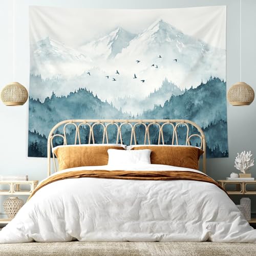 Kampdream Mountain Forest Tapestry, Misty Foggy Teal Blue Tree Landscape Watercolor Art Wall Tapestries thumb #4
