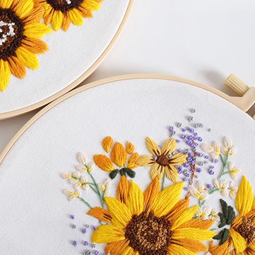Image of Huacan 5 Sets Embroidery Kit for Beginners Include Embroidery Clothes with Pattern,Embroidery Hoops, Instructions,Color Threads Needle Kit (Sunflower) (Sunflower)