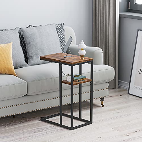 Cubicubi Snack Side Table With Outlet, C Shaped End Table With Usb For Sofa And Bed, Small Side Couch Table For Living Room Bedroom With Charging Station, Simple Assembly, Deep Brown #TOP5