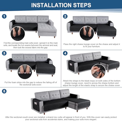 Image of TAOCOCO Sectional Couch Covers 100% Waterproof L Shaped Sofa Covers for Right Hand Facing Chaise Lounge, 2 Pieces Couch Cover L Shape Furniture Protector Slipcover for Pets Kids, Small /Black