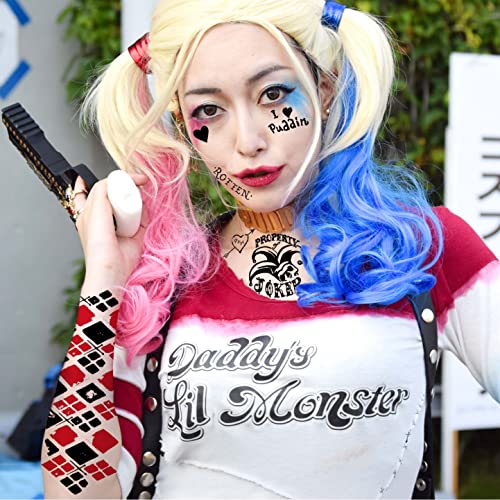 Image of VANTATY 5 Sheets 3D Halloween Temporary Tattoos For Women Girls Adults, HQ Fake Tattoo Stickers Halloowen Costume Makeup Kit, Gothic Damaged Joker Tattoo Halloween Face Decals Prison Prisoner Inmate