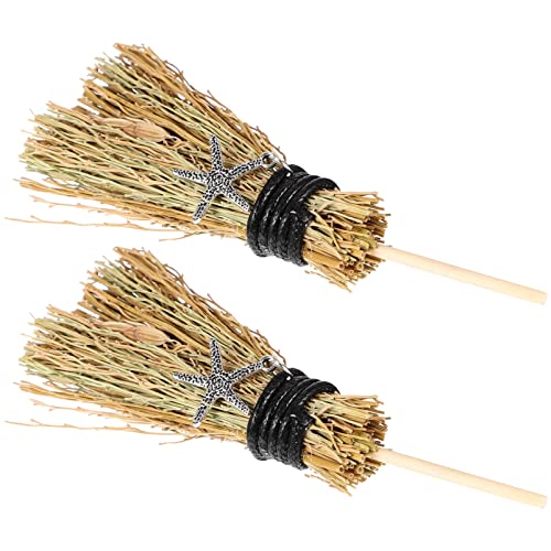 WOONEKY 2pcs Broom Pendant Straw Witch Broom Household Brooms Halloween Witches Costume Halloween Hanging Decoration Costume Ball Supply Haunted House Decor Miniture Decoration Metal