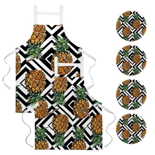 Lot de 2 tabliers de cuisine ananas et rayures taille unique avec 4 broches