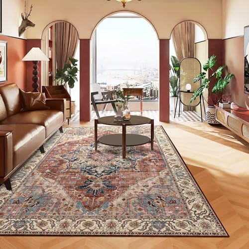 Boho Area Rug 6x9 Washable Large Vintage Rug for Living Room Bedroom Office Kitchen Entrance Dining Room Non Slip Soft Low-Pile Farmhouse, Brickred/Multi