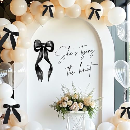 Shes Tying The Knot Bridal Shower Decorations - Shes Tying The Knot Sign Black and White Bow Decal for Balloons Arch Backdrop Coquette Birthday Decorations Bachelorette Wedding Party Supplies