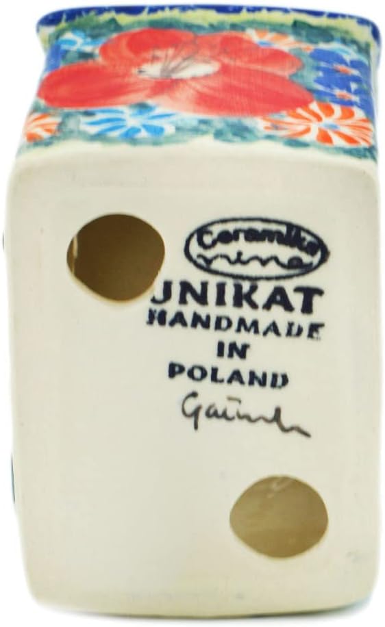 Polmedia Polish Pottery House Shaped Candle Holder UNIKAT - Pond Flowers Pattern Handmade in Boleslawiec Poland + Certificate of Authenticity