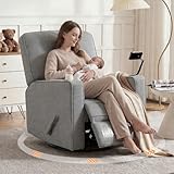 360° Swivel Rocker Recliner Chair with Adjustable Footrest, Rocking Chair Nursery with Phone Stand & Cup Holder,Manual Nursing Chair Glider Recliner Armchair for Adults, Living Room (Grey)