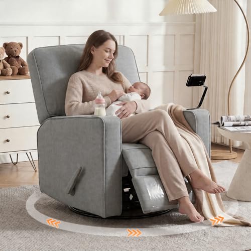 360° Swivel Rocker Recliner, Nursing Chair with Adjustable Footrest, Grey
