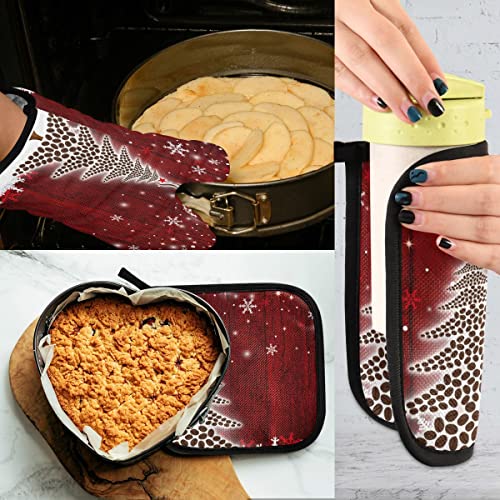 Winter Fir Tree Oven Mitts And Pot Holders Set Snowflake Christmas Kitchen Cook Oven Gloves Mitt Potholders Heat Resistant Pot Holder For Baking Grilling Bbq #TOP4