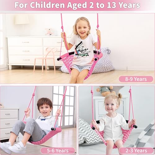 Image of Hi-Na Tree Swing for Kids, Adjustable Toddler Rope Swing Seat with Snap Hooks and Straps, 440 lbs Capacity, Swingset Accessories for Indoor Porch Doorway Outdoor Playground Backyard (Pink)