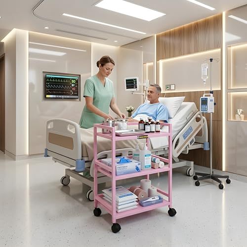 Image of 3 Tier Surgical Trolley with Wheels for Hospital & Clinic, Medical Utility Cart, Rolling Instrument Trolley with Lockable Caster Wheels, Metal Medical Storage Rack for OT, ICU, Dental