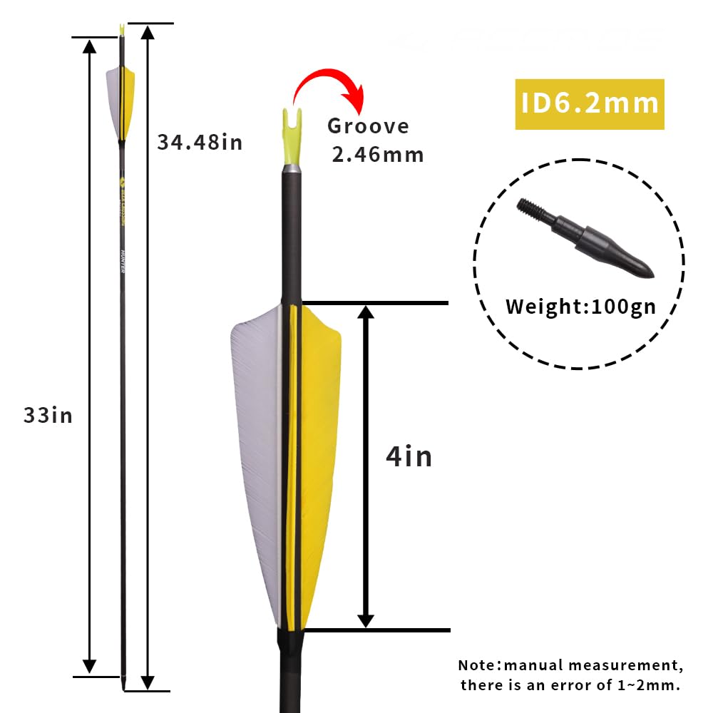 12 Pezzi ID 6,2 mm Frecce da Caccia, Spine 300 350 400 500 600 700 800 Freccia di Tiro con L'Arco, 4 Pollici Piuma di Tacchino Freccia in Puro-Carbonio