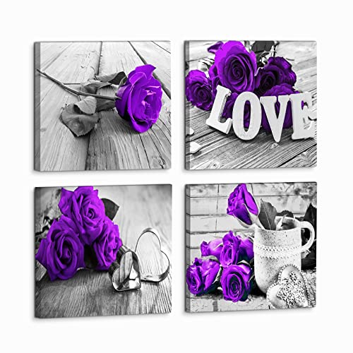 Purple Pictures Wall Decor for Bathroom Bedroom Rose Flower Wall Art Black and White Canvas Prints Farmhouse Floral Love Theme Paintings Poster Modern Living Room Artwork Home Decorations 16x16” 4Pcs