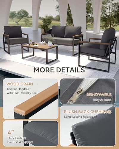 Image of Aoxun Patio Furniture Set, 4 Piece Outdoor Patio Furniture with Thick Cushions, Modern Metal Outdoor Conversation Sets with Coffee Table for Porch, Balcony, Deck Dark Grey