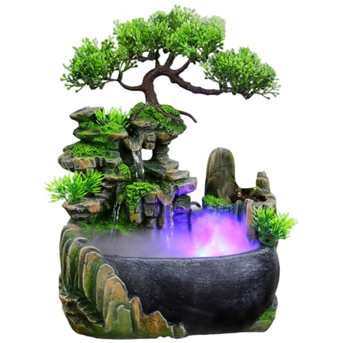 Desktop Water Fountain with Color-Changing LED Light, Tabletop Waterfall Mist Humidification Resin USB Indoor for Office Home