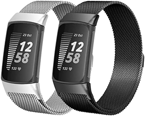 Vomulato Metal Bands Compatible with Fitbit Charge 5, Women Men Magnetic Adjustable Bracelet Strap Stainless Steel Replacement Wristband for Fitbit Charge Smart Watch (Small, Black-Silver)