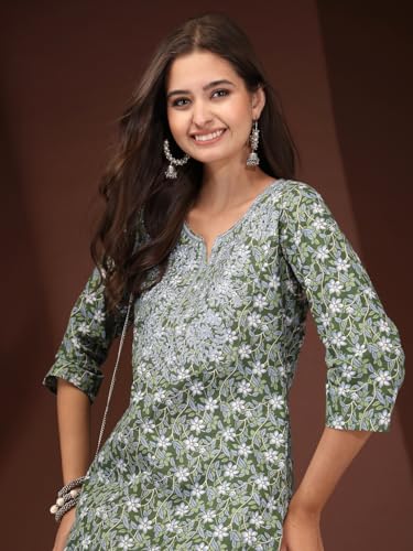 Image of Women Cotton Floral Printed Casual Straight Embroidery Kurta | Formal Kurti for Women