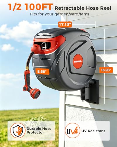 1/2 Inch 100FT Retractable Garden Hose Reel Wall-Mounted 180° Swivel 9-Patern Nozzle Automatic Slow Return Any Length Lock Hose Reels for Homeowners Garden Farm — view 2