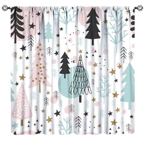 Nanacur Christmas Curtains, Pink Teal Xmas Tree Merry Cartoon Cute
