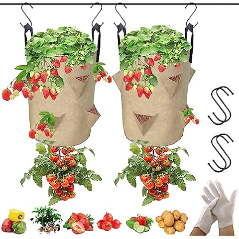 2Pack 7Gallon Upside Down Planting Bag,Hanging Tomato Planter with 6 Side Planting Pockets & 1Bottom Planting Hole Breathable Non Woven Fabric with Handle Strawberry Plant Bag (Brown) Cover